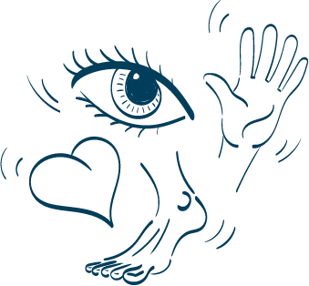 Illustration eines sich bewegenden Auges, eines Herzens, einer hand und eines Fußes